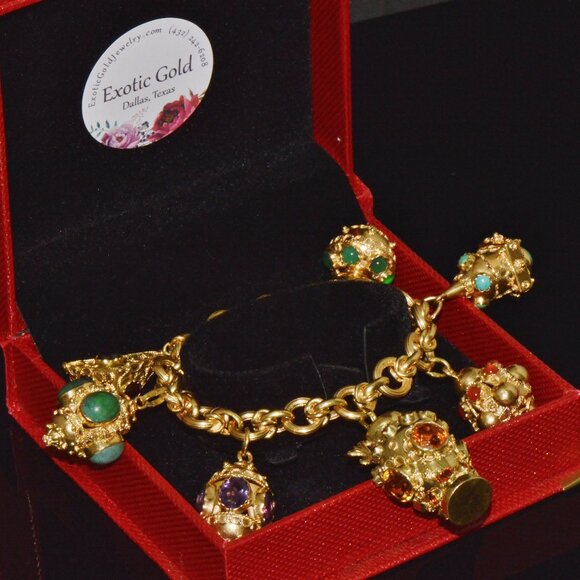 Estate Italian Etruscan Solid 18K Gold Citrine Turquoise Charm Fob Bracelet - Picture 11 of 14